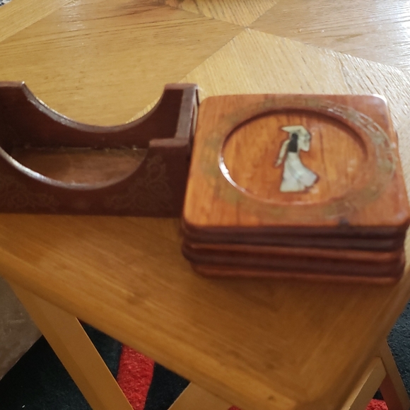 C Other - Laquer Ware Wood Coaster Mother of Pearl Inlay.